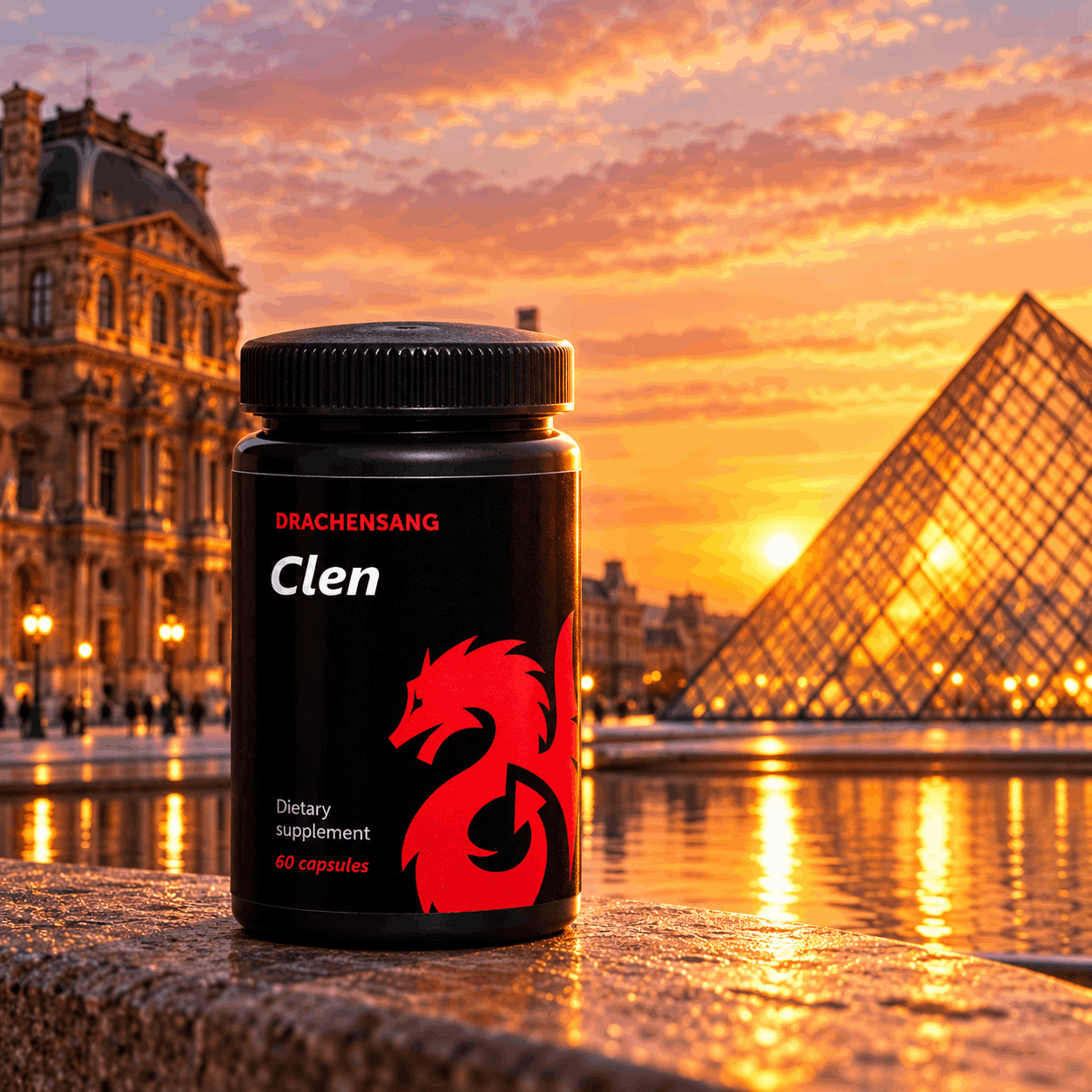 Clen de Drachensang devant la pyramide du Louvre à Paris