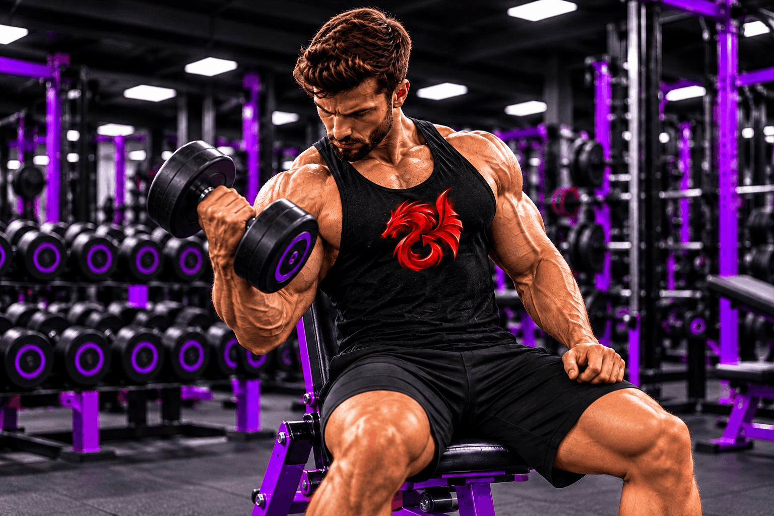 Athlète réalisant un exercice de biceps avec un haltère dans une salle de musculation – Drachensang Academy France