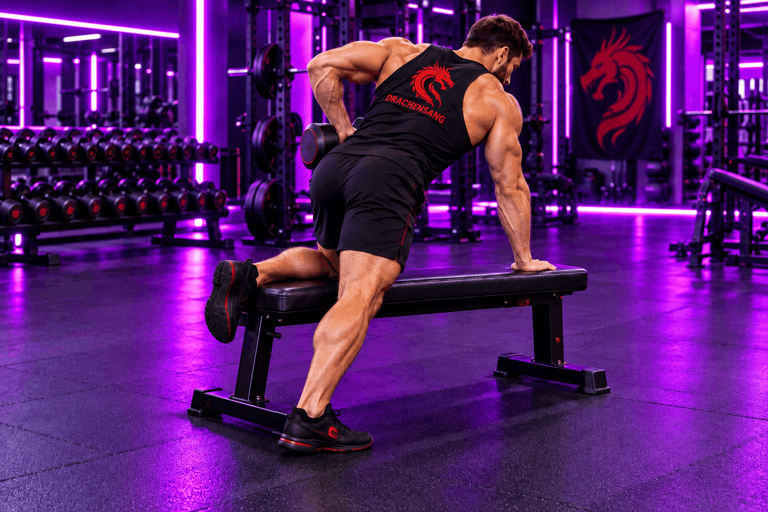 Athlète réalisant un rowing à un bras avec haltère pour renforcer les muscles du dos – Drachensang Academy France
