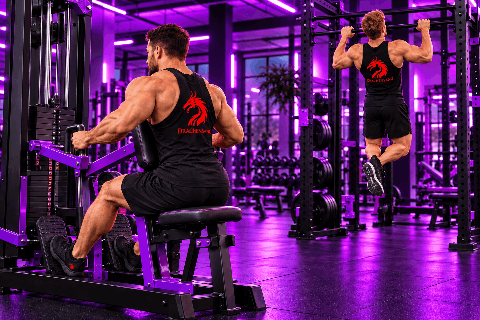 Athlètes réalisant des exercices pour le dos sur machine de musculation et des tractions au poids du corps – Drachensang Academy France