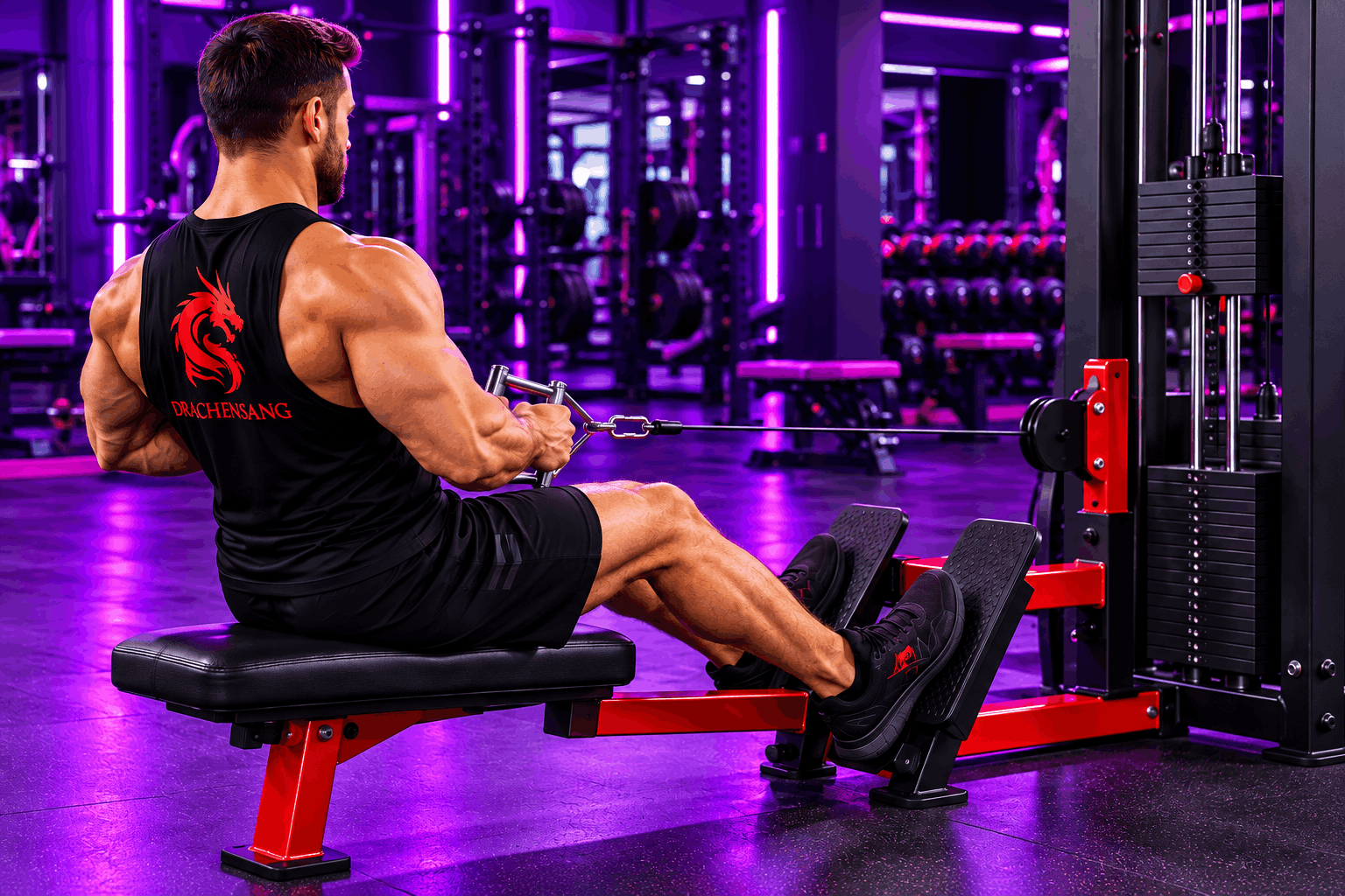 Athlète réalisant un tirage horizontal assis à la poulie pour renforcer les muscles du dos – Drachensang Academy France