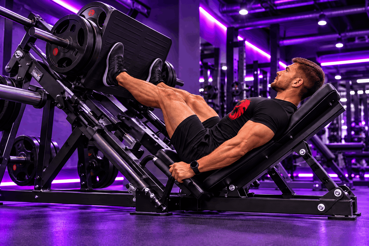Athlète réalisant un exercice de musculation des jambes sur une machine à squat guidé – Drachensang Academy France
