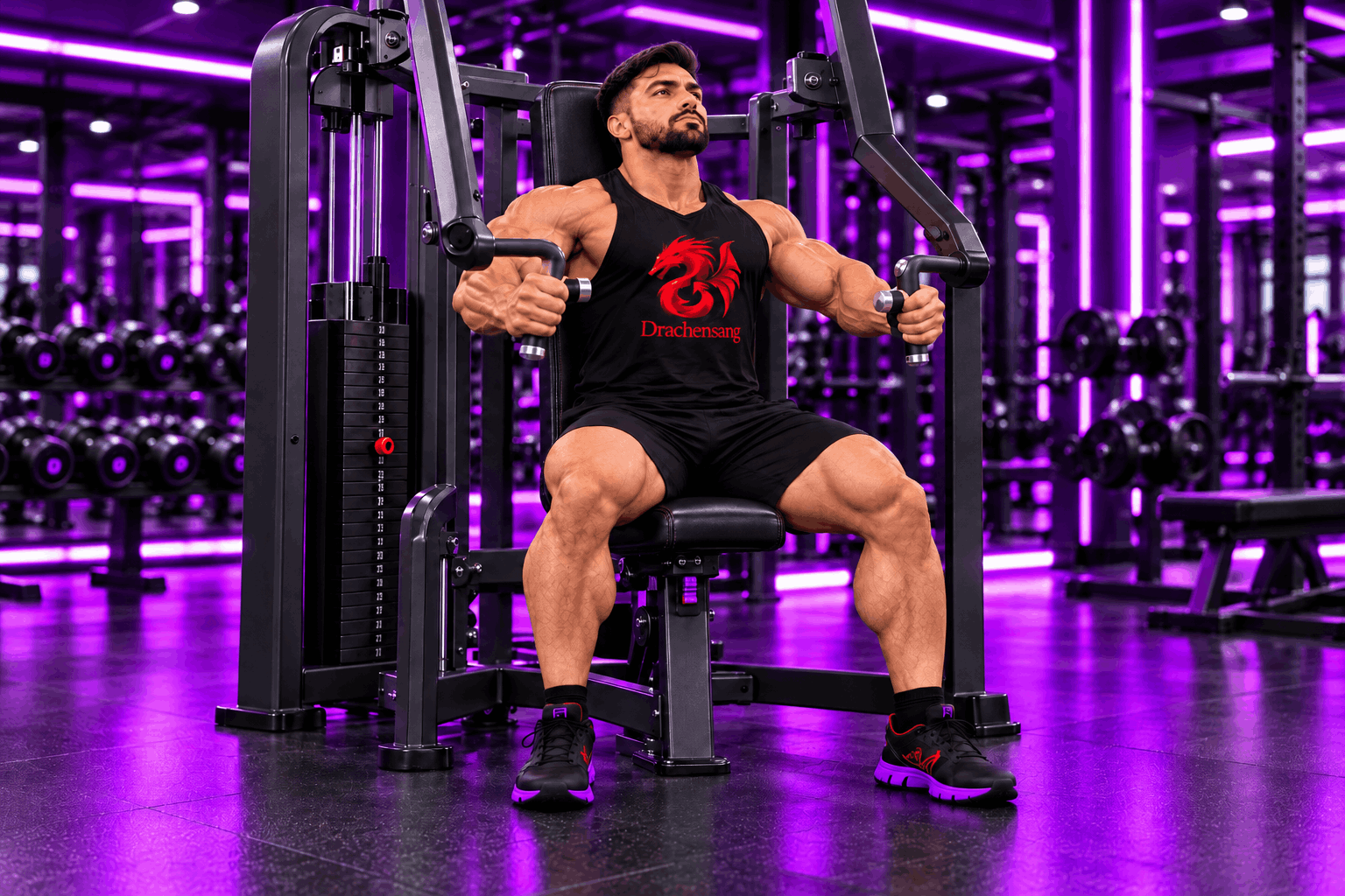 Athlète réalisant un exercice pour les pectoraux sur une machine de musculation – Drachensang Academy France