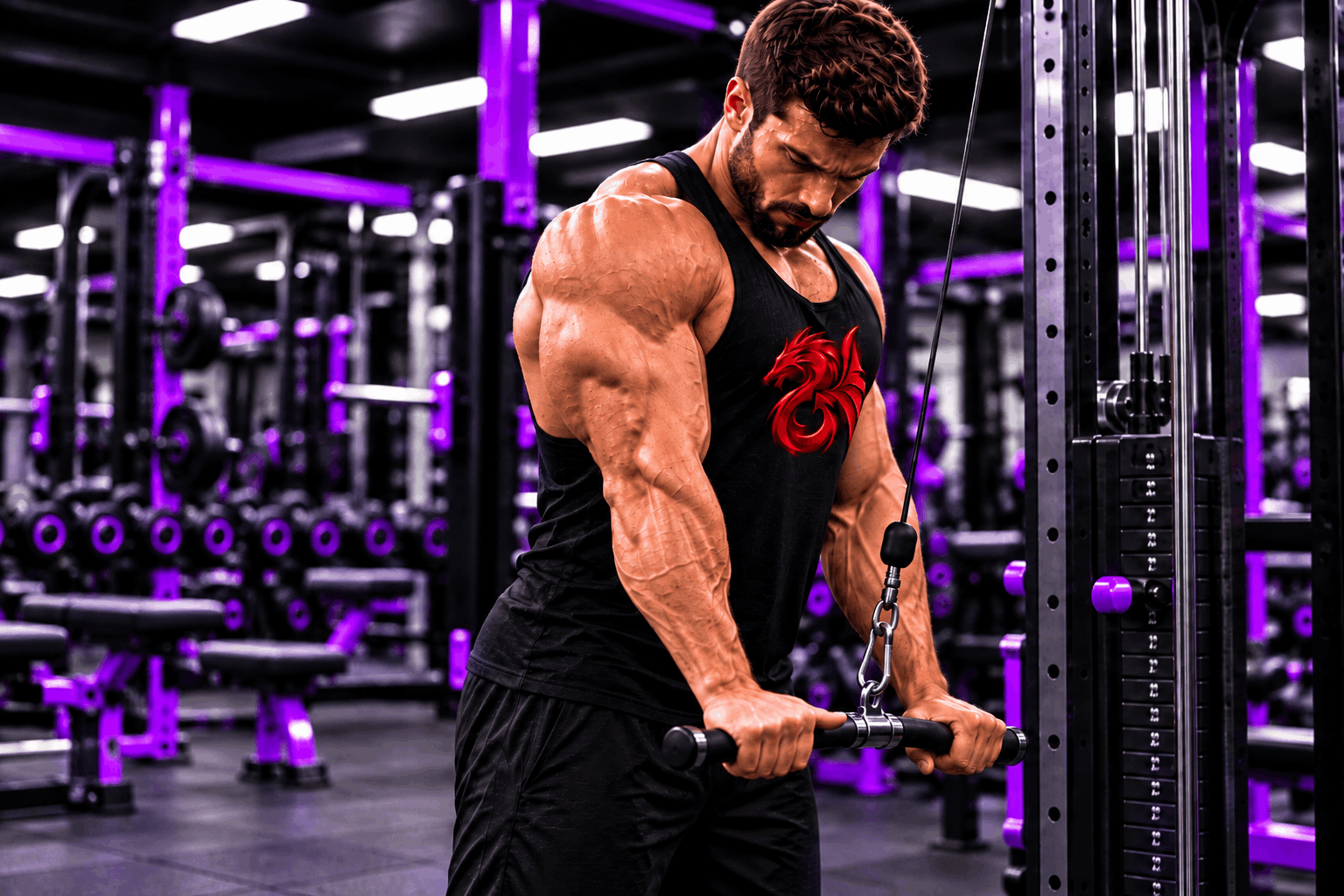 Athlète réalisant une extension des triceps à la poulie haute dans une salle de musculation – Drachensang Academy France
