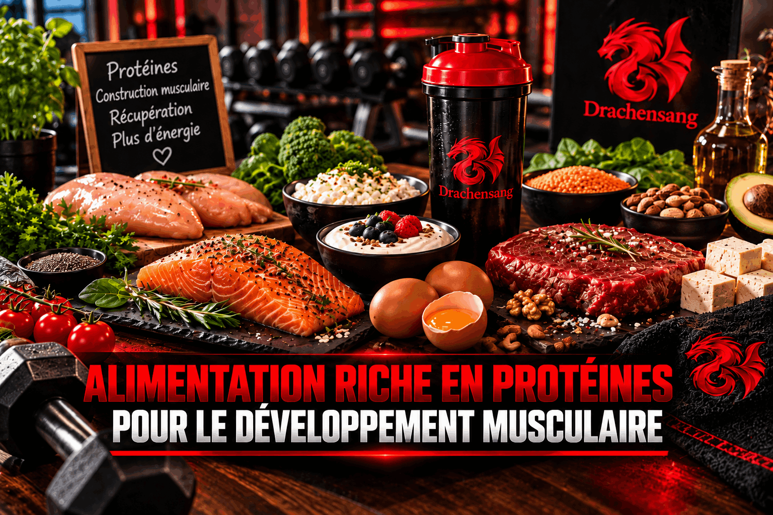Aliments riches en protéines pour le développement musculaire : saumon, poulet, œufs, viande, produits laitiers et légumineuses – Drachensang Academy France.
